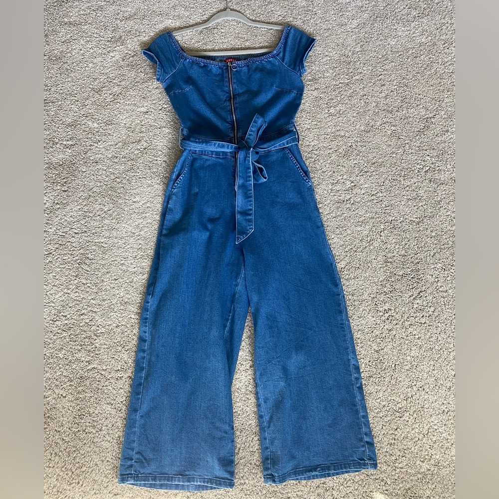 Guess Off the Shoulder Denim Culotte Jumpsuit Capris Length Size Medium
